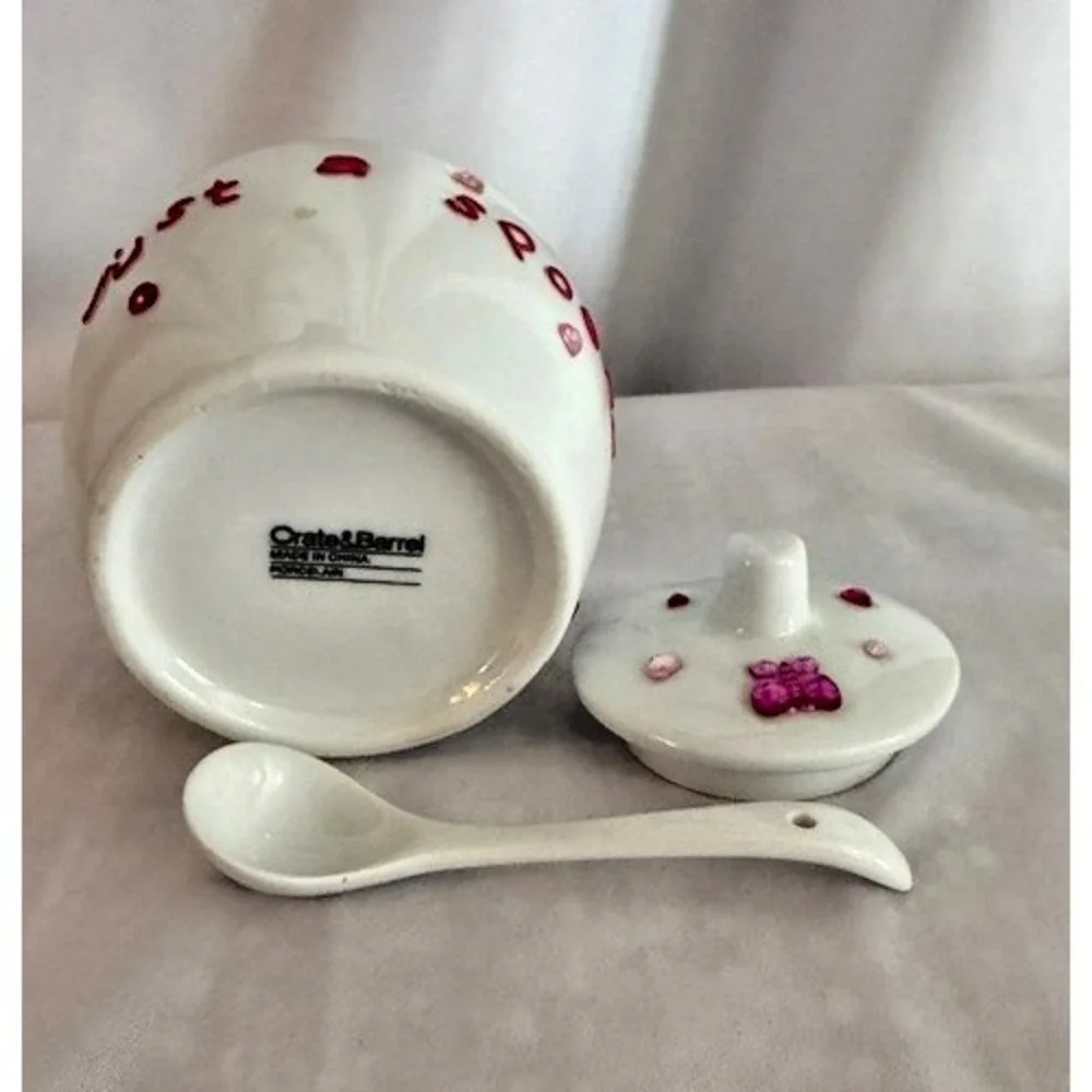 Crate & Barrel Ceramic Sugar Bowl w/ Lid & Spoon - White Red Lettering